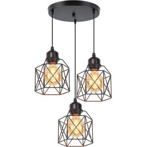 Kal-Suspension Luminaire Industrielle 3 Lampes Vintage E27 Lustre Abat-Jour En Métal Design Pour Salon Chambre Cuisine (Noir-D) - Neuf