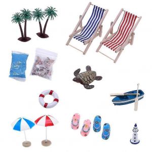 Ensemble de plage miniature de 14 pi&egrave;ces pour maison de poup&eacute;e avec chaises en bois,coquillages et d&eacute;cor de micro-paysage d'&eacute;t&eacute; - Neuf