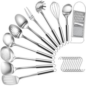 Mevronisshop-Ustensiles De Cuisine &iquest; 12 Pi&egrave;ces Ustensile Cuisine Inox, Avec Crochet, Polis Brillants, Comprennent Des Ustensiles Cuisine Tels Qu'une Louche Inox, Une Spatule Cuisine - Neuf
