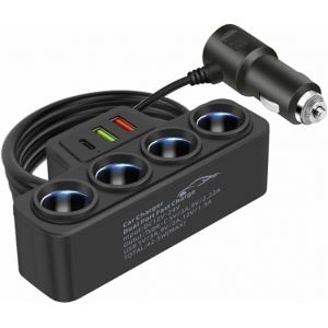 JGD-Chargeur Voiture 4 Voies S&eacute;parateur Adaptateur Alimentation Multiprise QC3.0 + USB3.1A + PD3.1A Allume-cigare Chargeur Voiture 12V-24V - Neuf