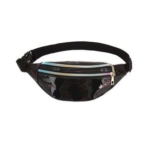 Sac banane géométrique holographique pour femme ¿ Sac banane élégant en cuir PU noir, argent et bleu clair ¿ Idéal pour les voyages et les festivals - Neuf