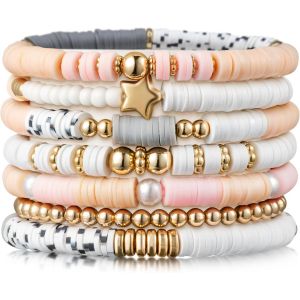 Kal-Lot De 7 Bracelets De Surfeur Heishi - Étoile Preppy - Bracelet Élastique - Perles En Polymère - Boho Y2k - Bijoux D'été Et De Plage - Neuf