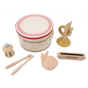 Instruments De Musique Pour Enfants Simulation Education Precoce Tambour Baton En Bois Clochette Trompette Castagnettes Harmonica Ensemble De Musique En Bois - Neuf
