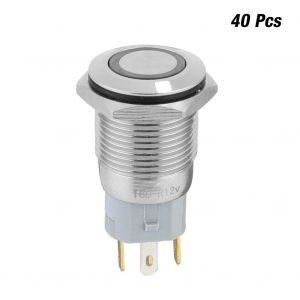 Lot de 40 interrupteurs a bouton-poussoir momentanes en metal de 16 mm, reinitialisation automatique, 5 broches, avec voyant LED 12 V (rouge) - Neuf