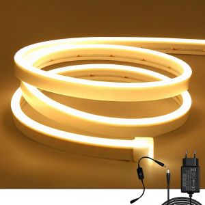 Blanc Chaud Ruban Led N&eacute;on, 12v 5m Bande Led Lumineuse Imperm&eacute;able &Agrave; L'eau Ip65 Dimmable Pour La D&eacute;coration Int&eacute;rieure Ext&eacute;rieure De La Chambre &Agrave; Coucher Home [Avec Adaptateur Secteur] - Neuf