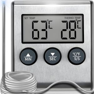 KAL-Thermomètre Cuisine Pour Viande Numérique Avec Sonde Thermosonde De Cuisson Minuteur Intégré Barbecue Grill Thermomètre Acier Inoxydable 0 À 250 °C 2 Unités De Mesure De Température - Neuf