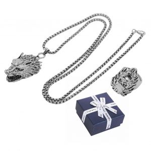 Ensemble Collier Et Bague Loup, Bague Lion, Alliage, Compact, Pratique, Tendance, Pour Homme - Neuf