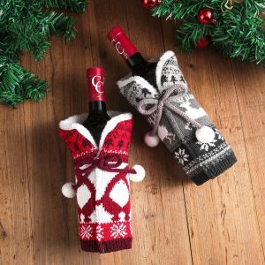 2 Pack De Noël Bouteille De Vin Sacs/Décorations De: Carreaux Et Motif À Chevrons Avec Col Fausse Fourrure; Santa, Bonhomme De Neige Et Renne Sacs À Cordon De Serrage; Décoration De Noël Cadeau - Neuf