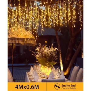 lbgwp60-144 Led Rideau Lumineux 4M X 0.6M Connectable, 8 Modes En Fonction Mémoire, Décoration Intérieure/Extérieur De Fenêtre Fête Mariage Noël Anniversaire, Lumière Blanc Chaud - Neuf