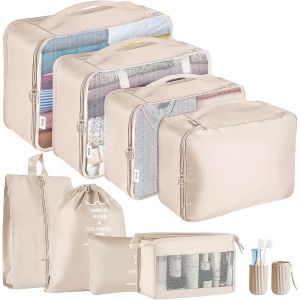 Organisateur De Val ,Lot De 9 Organ Urs De Bagage Pour Voyage,Sacs Rangement De Val Voyage Accessoires,Sacs &Agrave; V&ecirc;tements, Sacs &Agrave; Chaussures, Sacs De Rangement Pour Cosm&eacute;tiques (Beige) - Neuf