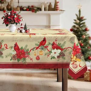 Fleurs Nappe De No&euml;l, Nappe De Table Hiver Rouge Oiseau Vintage Rectangulaire Antitache Imperm&eacute;able Lavable Pour Cuisine F&ecirc;te De No&euml;l Vacances D&eacute;coration D'int&eacute;rieur(152x304cm) - Neuf