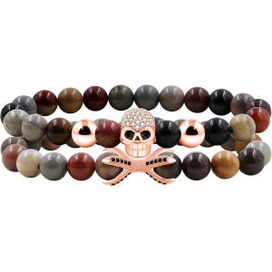 Kal-2pcs Bracelet Élastique Crâne Gothique Avec Jasper Des Usa, Bracelets À Deux Couches Pour Hommes Et Femmes, Bijoux Halloween Pour Mari Et Femme Ya5150 - Neuf