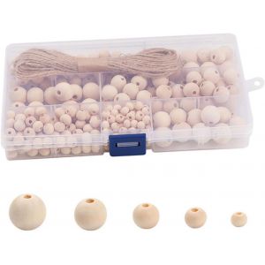 Meimie-Lot De 300 Perles Rondes En Bois De Tailles Assorties Avec Corde - Neuf