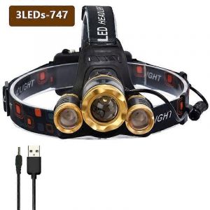 Lampe Frontale Xm T6 À 3 Led, Étanche, Rechargeable Et Zoomable, Idéale Pour La Pêche En Plein Air Et Le Camping-Paquet H - Neuf