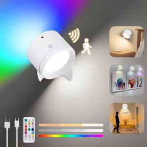 ERYI-Appliques Murales Interieures Sans Fil Rechargeable, Lampe Murale Led Sans Fil À Détecteur De Mouvement Avec Télécommande, 3 Couleurs Réglables Et 10 Rvb, 360°Rotatif, Pour Salon, Chambre - Neuf