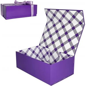 Grand Boîte Cadeau Blanc 33.5x27x12.5 cm, Boîte Cadeau Haut de Gamme avec Couvercle Magnétique et Ruban pour Emballage Cadeau de Vacances, Mariage, Anniversaire, Doublure à Carreaux - Neuf