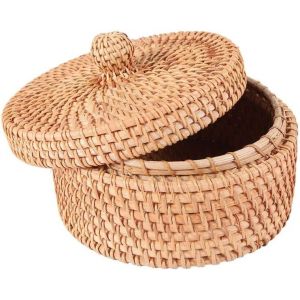 SJZG-Boîte De Rangement En Rotin Tissé À La Main, Panier En Osier Avec Couvercle, Thé Récipient Alimentaire, Panier Cuisine Organisateur Pour Pique-Nique Pain Gâteau Aux Fruits, Boîte Décor - Neuf