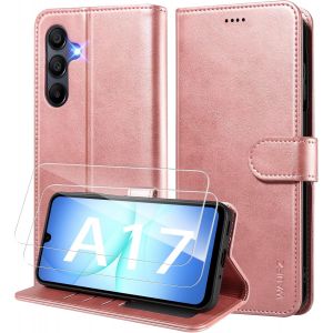TRAHOO-Coque pour Samsung Galaxy A17 4G/5G Etui Coque avec 2 Verre Tremp&eacute; Porte Carte Clapet &agrave; Rabat Portefeuille Cuir Case Housse Protection Flip Cover &Eacute;tui,Or Rose - Neuf