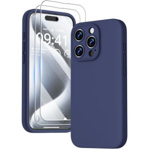 3 En 1 Coque Iphone 15 Pro Silicone Liquide - Avec 2 Verre Trempé - Étui Protection Précise De Caméra [Résistant Aux Rayures] [Antidérapant] Iphone 15 Pro Case 6.1"", Bleu Marine - Neuf