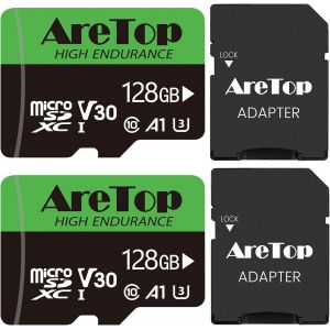 Aretop Lot de 2 cartes mémoire Micro SD 128 Go avec 2 adaptateurs MicroSDXC UHS-I U3 V30 A1 - Enregistrement vidéo Full HD - Micro SD - Pour appareil photo, smartphone, drone, caméra embarquée - Neuf