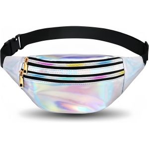 SJZG-® Sac Banane, Sacoche Banane Ville Unisexe À Effet Holographique, Sac Etanche Multi-Poches Mode Imperméable Cuir Pu Pour Voyage Randonnée Camping Loisir (Avec 1*Forfait Carte De Crédit) - Neuf