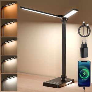 Lampe De Bureau Led Double Tête, Protection De Dimmable Yeux Lampe Bureau Enfant Lecture, 5 Niveaux De Luminosité & 5 Modes De Couleur Avec Port De Charge Usb, Minuterie De 45 Minutes (Noir) - Neuf
