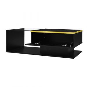Table basale table d'appoint laque brillant noir, 100 cm de longueur avec verre et effet LED - Neuf