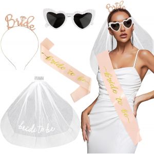 4pcs Evjf Accessoire Enterrement De Vie De Jeune Fille Bandeau Serre-Tête Bride Avec Voile Blanche Lunettes Coeur Et Écharpe Bride To Be Déguisement Décoration Pour Future Mariée Fête Soirée Mariage - Neuf