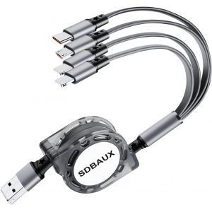 JGD-Multi C&acirc;ble 4 en 1 1M 3A R&eacute;tractable Chargeur USB C&acirc;ble Charge Rapide avec iP Micro USB Type C pour T&eacute;l&eacute;phones iOS, Samsung Galaxy S25 S24 S22 S20, LG, Honor View, Xiaomi, Sony, Moto, PS5 - Neuf