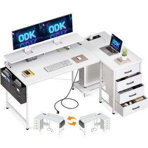 SUBZONAL-Bureau d'angle avec 4 Tiroirs, 140x80cm Bureau en L avec Prise de Charge USB et Prise de Courant, Table Informatique R&eacute;versible avec Support d'&eacute;cran pour Chambre Domicile Maison,Blanc - Neuf