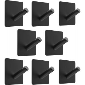Lot de 8 crochets muraux autocollants noirs mats pour salle de bain-Acier inoxydable SUS304-Crochets muraux imperméables à coller avec bandes solides-Crochets 3M pour suspendre des - Neuf