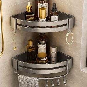 2 Pi&egrave;ces Etagere Douche Sans Percage, Etagere Salle De Bain En M&eacute;tal Avec 8 Crochets, &Eacute;tag&egrave;re Douche Sans Per&ccedil;age, Rangement Et Organisation De La Salle De Bain Gris - Neuf