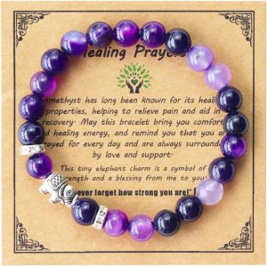Bracelet En Améthyste Naturelle Pour Femme, Amulette D'éléphant, Bracelet De Pierres De Guérison Guérit Le Chagrin Et Augmente La Motivation, Design Élastique De 8 Mm, Cadeaux Insp[Bra9202386] - Neuf
