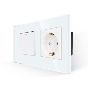 Interrupteur mural &agrave; bascule avec prise Schuko-Blanc-1 compartiment 1 voie-Plaque en verre-Interrupteur mural moderne en cristal-Avec points fluorescents-10 A-250 V - Neuf