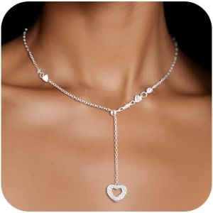Kales-Colliers Femme En Y,Collier C?ur Avec Zircone Réglables,Argent/ 14k Plaqué Or,Collier Long Bohème,Acier Chirurgical,Hypoallergénique,Anniversaire Cadeau Pour Femme - Neuf