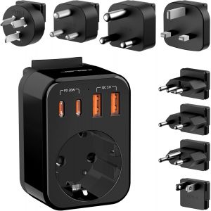 JGD-Adaptateur Prise Universelle avec 2 Type C(PD 20W), Adaptateur Universel de Voyage avec 8 fiches Amovibles pour France vers UK EU Suisse USA Italie Australie Chine Japon Afrique du Sud-Noir - Neuf