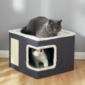 Lit De Chat Pour Les Chats D'int&eacute;rieur Cube Gris Maison Avec Cave, Bloc-Notes, Et Le Refuge De La Tente Pour Les Petites Et Grandes Chatons - Neuf
