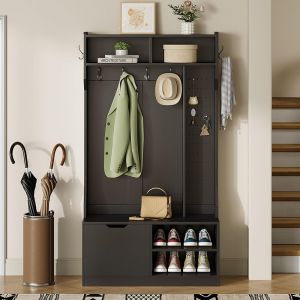 Ensemble vestiaire entrée 100×185,5×40 cm, banc + 6 crochets + 1 porte + 4 rangements, noir - Neuf