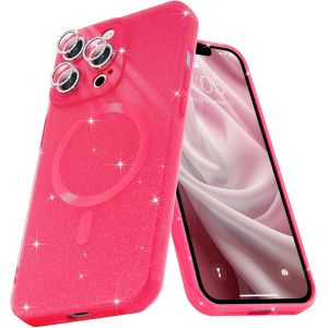 Sjzg-Coque Magn&eacute;tique Pour Iphone 13 Pro Max Etui &Agrave; Paillettes Brillant Compatible Avec Magsafe Charge Sans Fil Housse De Protection Antichoc Pour Appareil Photo Glitter Silicone Souple,Rouge Ros&eacute; - Neuf