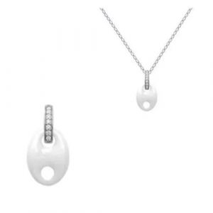 Collier Pendentif - Bijouxia - Grain De Caf&eacute; - C&eacute;ramique Blanche - Argent Massif - Zirconium - Neuf