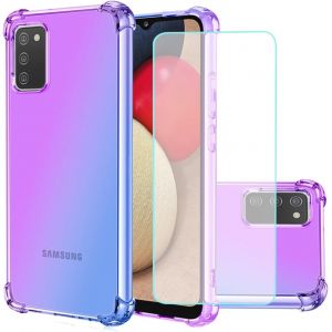JGD-Lot de 2 coques pour Galaxy A03S / Samsung A03S avec protection d'&eacute;cran en verre tremp&eacute;, transparent, d&eacute;grad&eacute; en TPU, anti-rayures, anti-chocs, pour Samsung Galaxy A03S (violet/bleu) - Neuf