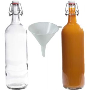 LETNERNY-Lot De 2 Petites Bouteilles En Verre À Bouchon Mécanique Avec Entonnoir Blanc Ø 12 Cm 1 L - Neuf