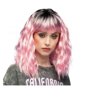 Perruque Rock Ondulé Mi-Long Noir Rose Femme - Neuf