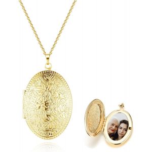 Photo Locket Necklace Pendant Oval Opening Personalised Engraved Flower Vintage Copper Photo Holder Jewellery Gift Birthday Valentine's Day Mother's Day Woman - Neuf