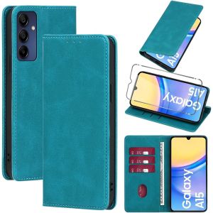 SJZG-Coque Cuir Pour Samsung Galaxy A15 5G 6.5"" Avec 1 Verre Tremp&eacute; Etui &Agrave; Rabat En Pu Porte-Cartes Portefeuille Support Flip Housse Magn&eacute;tique Antichoc Anti-Rayures Case,Light Blue - Neuf