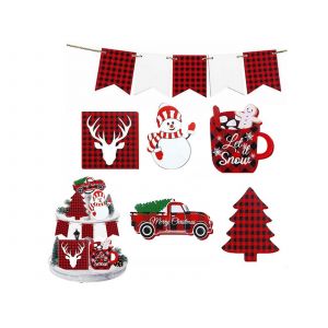 Ensemble de 6 d&eacute;corations de No&euml;l en bois pour plateau &agrave; &eacute;tages - Neuf