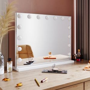 Miroir de maquillage éclairé Hollywood SIRHONA avec 15 ampoules LED Dimmables pour dressing et chambre à coucher Contrôle tactile intelligent Blanc - Neuf