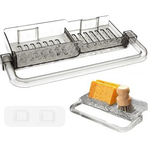 Eryi-Support Eponge Evier Cuisine, Porte Éponge Cuisin Sans Perçage, Organisateur Évier Cuisine Avec Porte-Serviettes, Rangement Eponge Pour Éponge, Brosse, Serviettes, Plastiques, Gris Transparent - Neuf