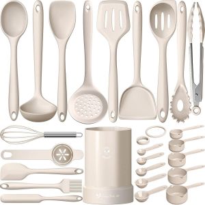 Eryi-Lot De 25 Ustensiles De Cuisine En Silicone, Résistants À La Chaleur, Avec Porte-Ustensiles, Sains Et Antiadhésifs, Passent Au Lave-Vaisselle, Kaki - Neuf