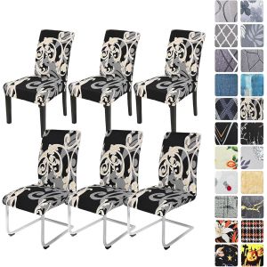 CAUC-Lot de 6 housses de chaise extensibles, élastiques, amovibles et lavables, protection pour salle à manger, hôtel, banquet et mariage, motif style royal, noir - Neuf